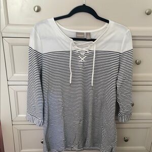 Chico's Black and White Lace-Up Striped Blouse